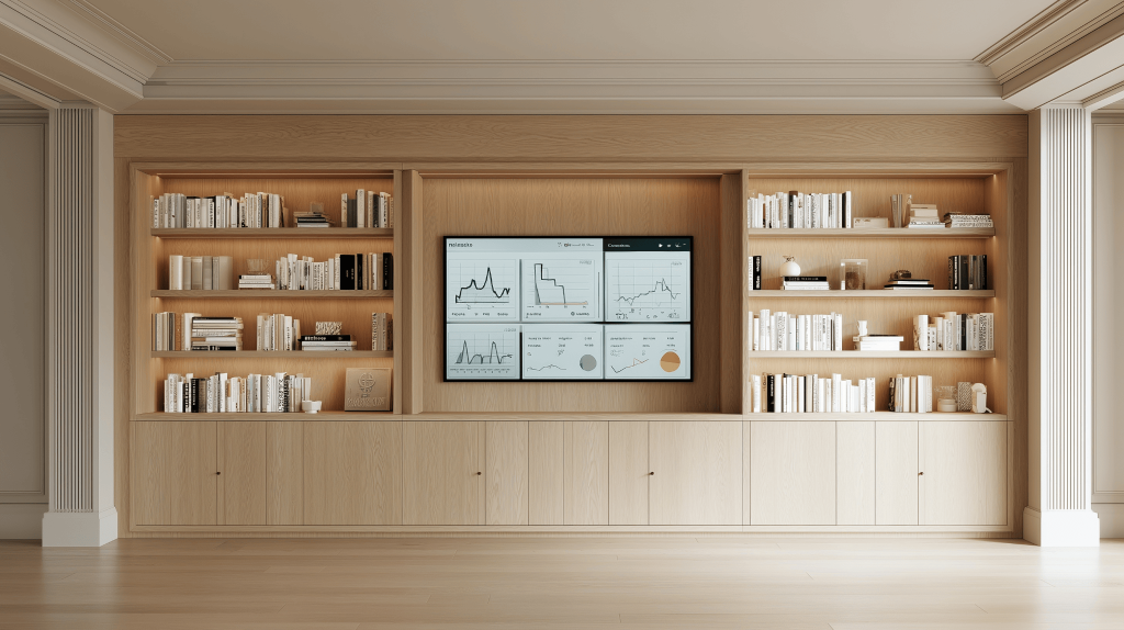 Elegant latest modern tv unit design with built-in shelves and styled books