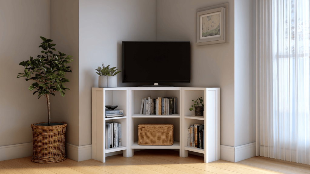 Corner shelf latest tv unit design for living room with books and indoor plant