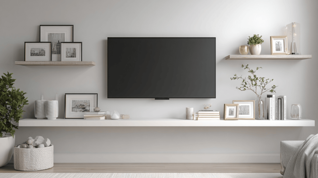 Elegant latest tv unit design for living room with minimalist floating shelves