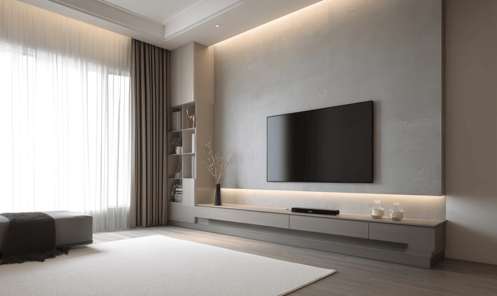 Elegant modern simple tv unit design with minimalist setup and soft lighting