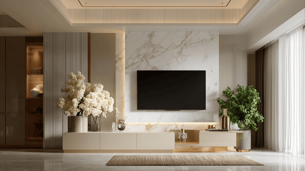 Luxurious latest simple tv unit design with marble wall and elegant décor setup