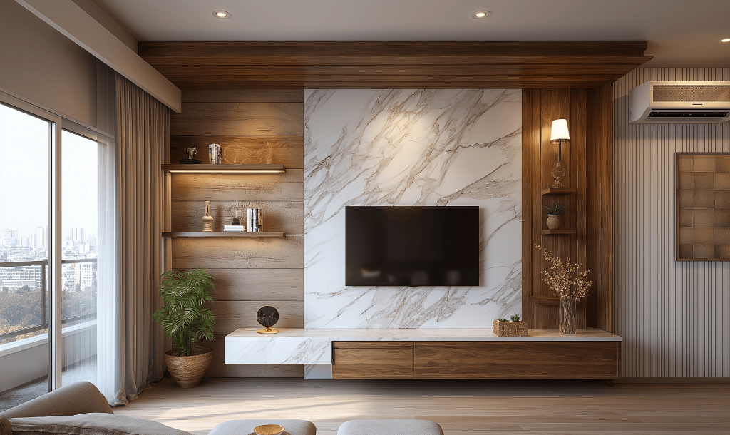 Modern wooden TV unit design with marble backdrop and warm ambient lighting