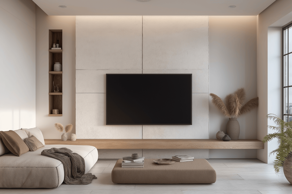 Modern wooden TV unit design with soft lighting and neutral contemporary decor