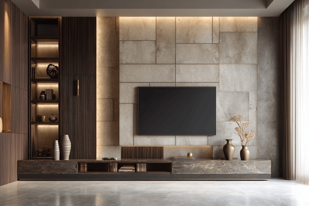 Elegant modern wooden TV unit design with marble texture backdrop and soft warm lighting