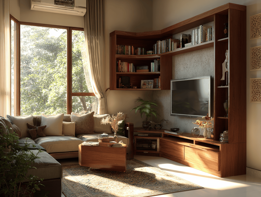 Small wooden TV unit design with corner shelves and warm natural light interior decor
