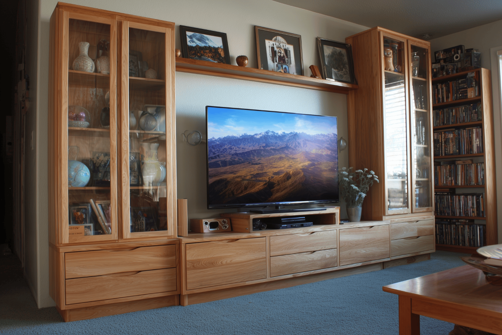 Classic wooden TV cabinet design with glass shelves and elegant display storage units