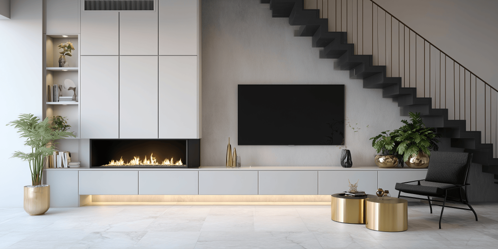 Elegant unique modern tv unit design under staircase with fireplace and gold decor