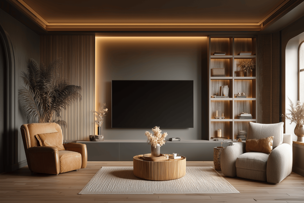 Cozy modern tv unit design for living room with warm lights and elegant wooden décor