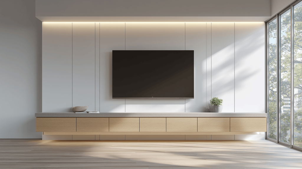 Sleek modern simple tv unit design with wooden drawers and natural daylight view