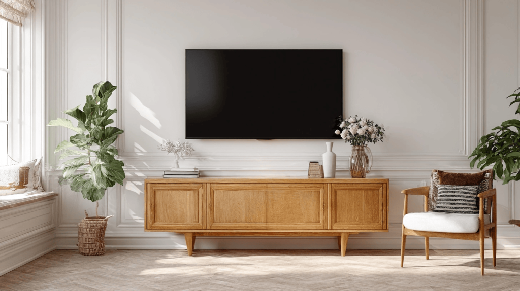 Elegant modern simple tv unit design with wooden cabinet and bright natural lighting