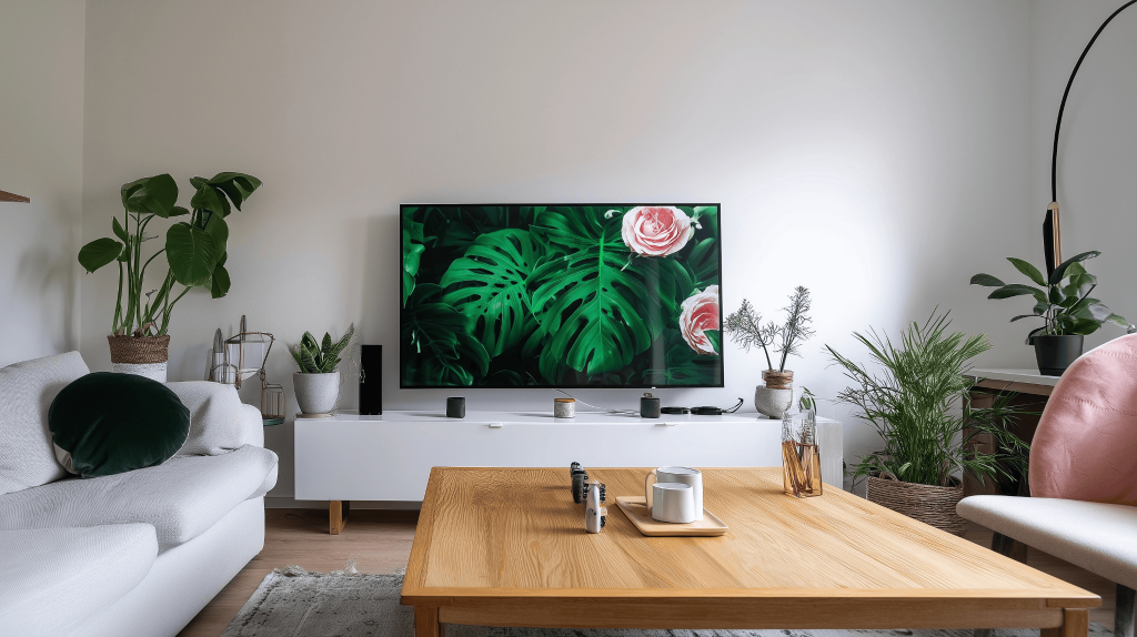 Bright modern small tv unit design with greenery and cozy living room setting