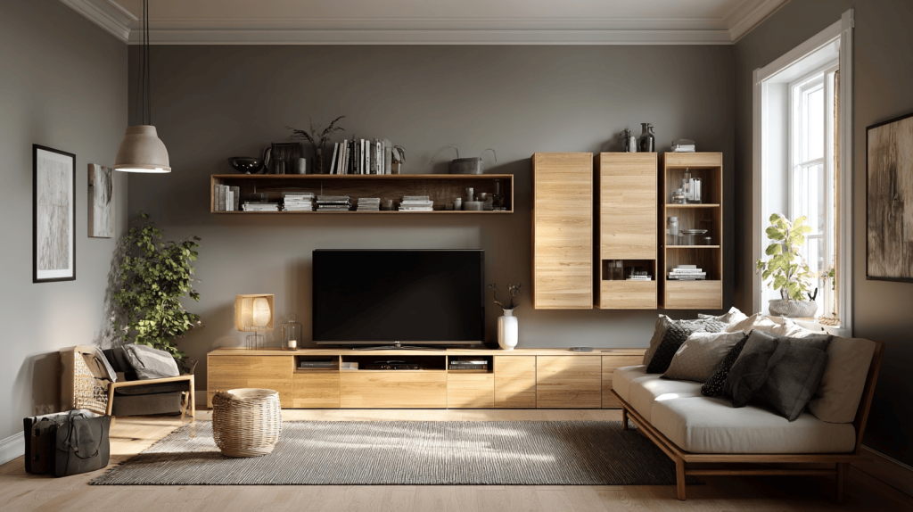 Warm simple modern tv unit design with wooden storage and cozy neutral decor