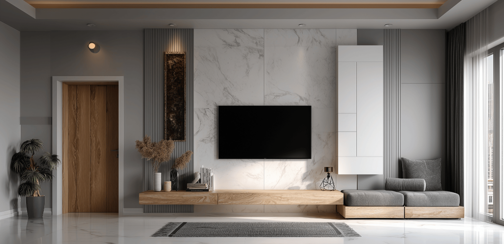 Elegant latest modern tv unit design with marble wall and stylish wooden elements