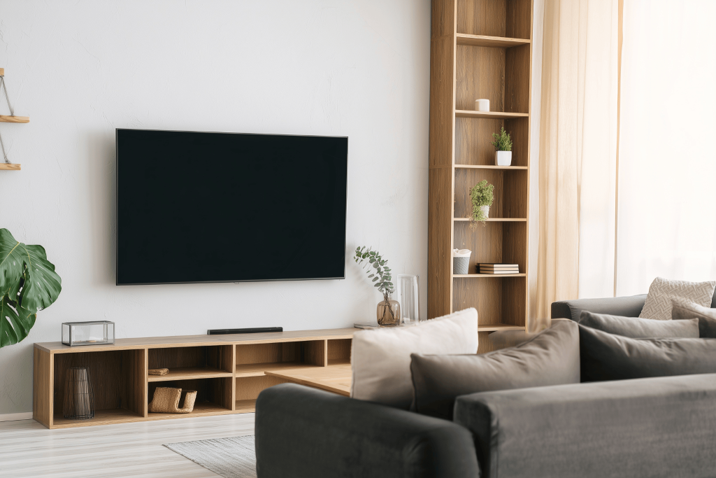 Minimal simple modern tv unit design with wooden shelving and cozy neutral decor