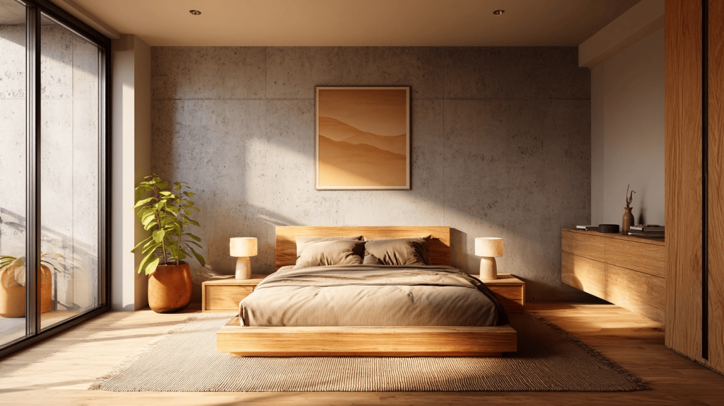 Warm trending bedroom wall colors with earthy tones and natural wooden textures