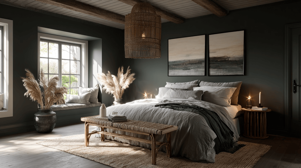 Elegant best color for bedroom walls in dark earthy tones with warm lighting ambiance