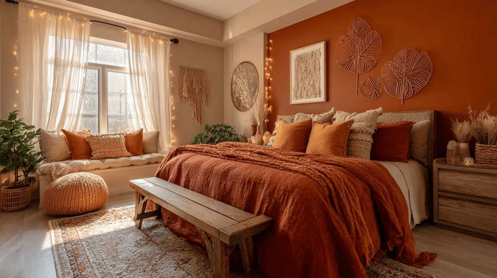 Warm trending bedroom wall colors with earthy orange tones adding cozy charm