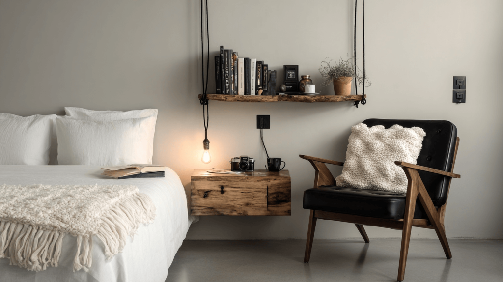 Trending bedroom paint colors with neutral grey tones and rustic wood decor