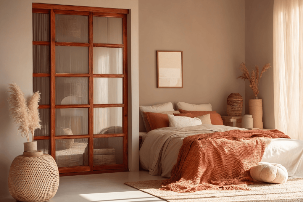 Cosy trending bedroom wall colors with warm earthy beige and terracotta accents
