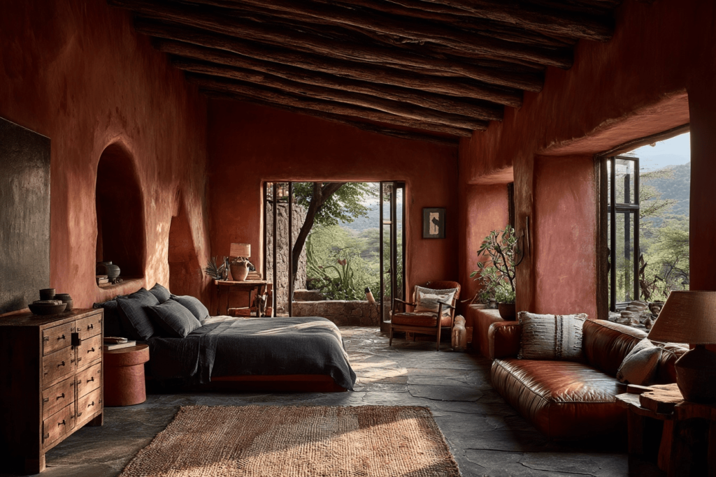 Rustic trending dark bedroom wall colors with earthy terracotta tones and natural decor