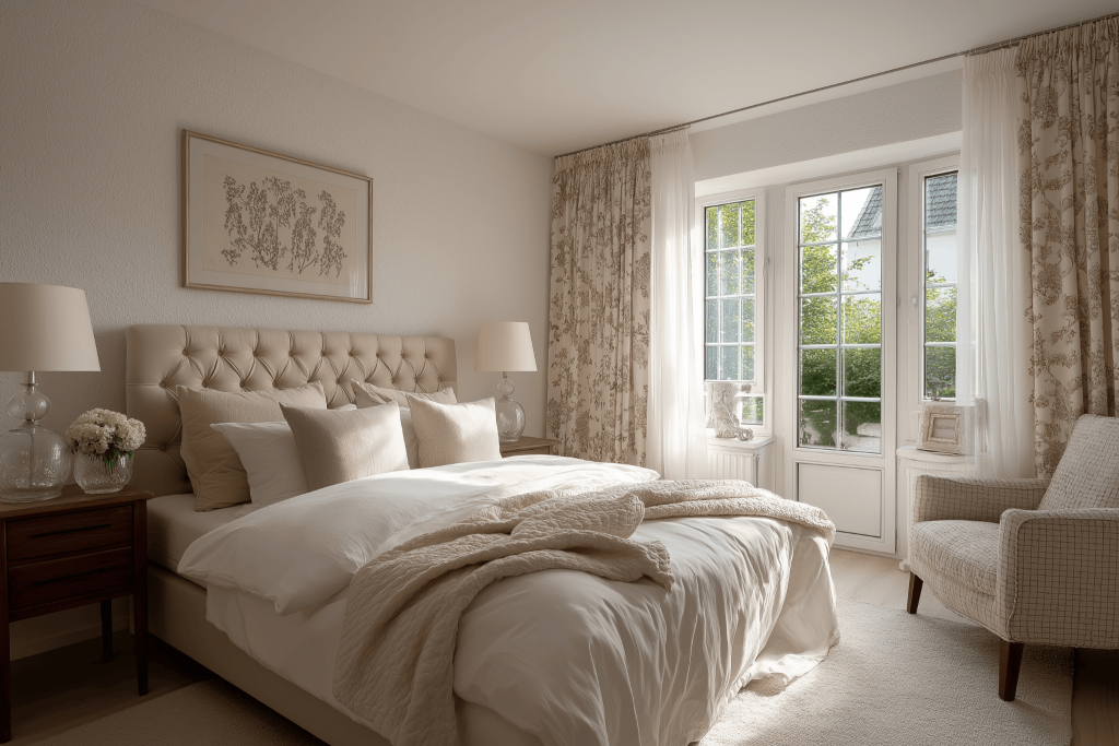Elegant trending master bedroom wall colors with neutral beige tones and warm lighting