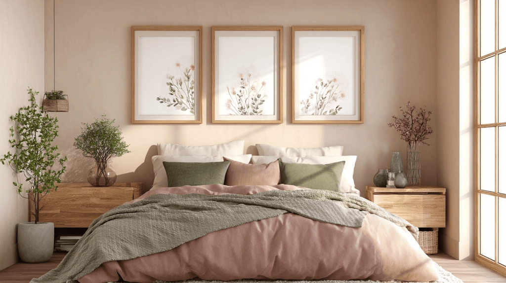 Soft trending pastel bedroom wall colors with warm lighting and earthy tones