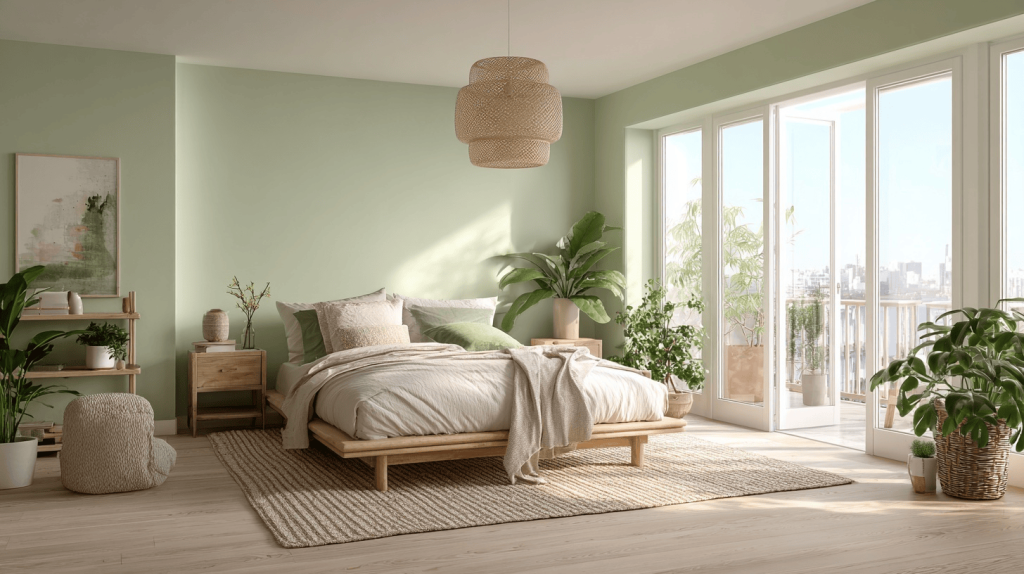 Refreshing trending bedroom wall colors with soft green tones and natural sunlight