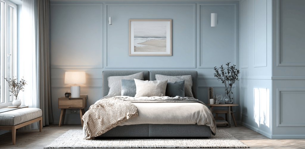 Modern best bedroom wall paint colour with calming blue tones and cozy design