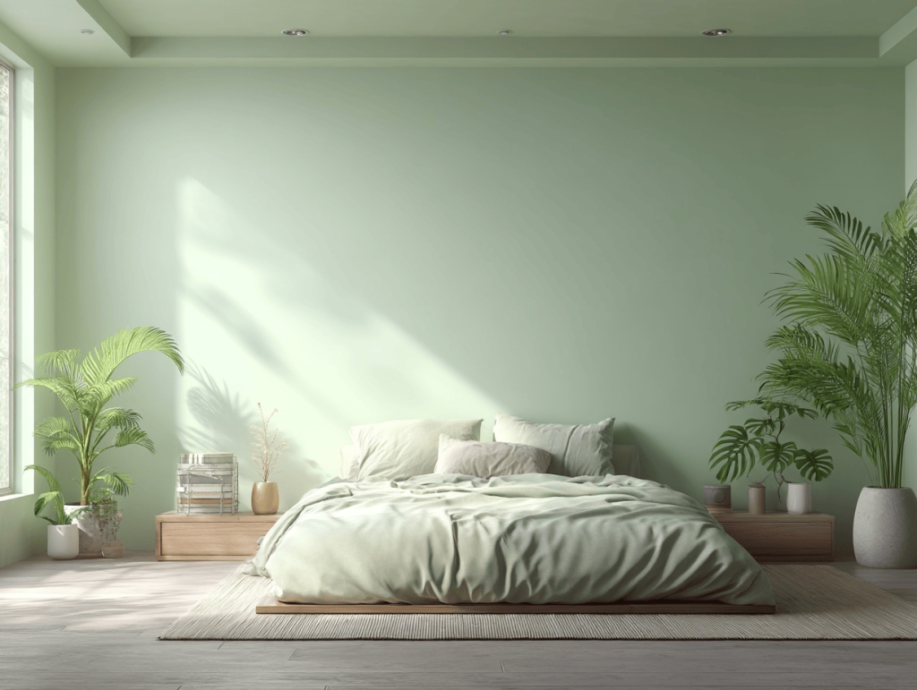 Soothing paint colour combination for bedroom wall with natural green tones
