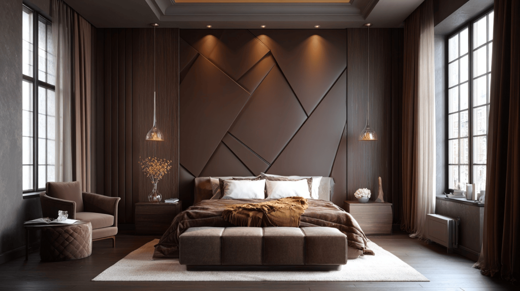 Luxurious top 10 bedroom wall paint colors with deep brown tones and modern lighting