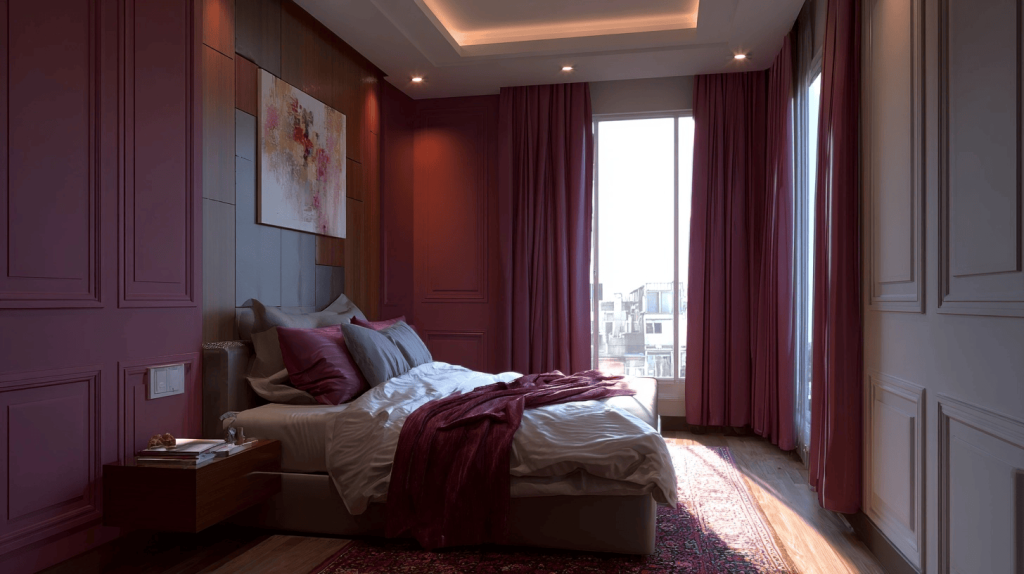 Stylish bedroom wall paint color ideas with rich maroon tones and elegant decor