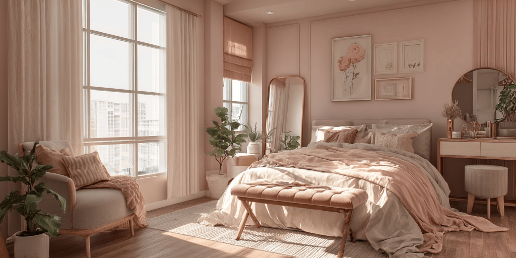 Elegant best bedroom wall paint colour in soft blush tones with cozy feminine décor