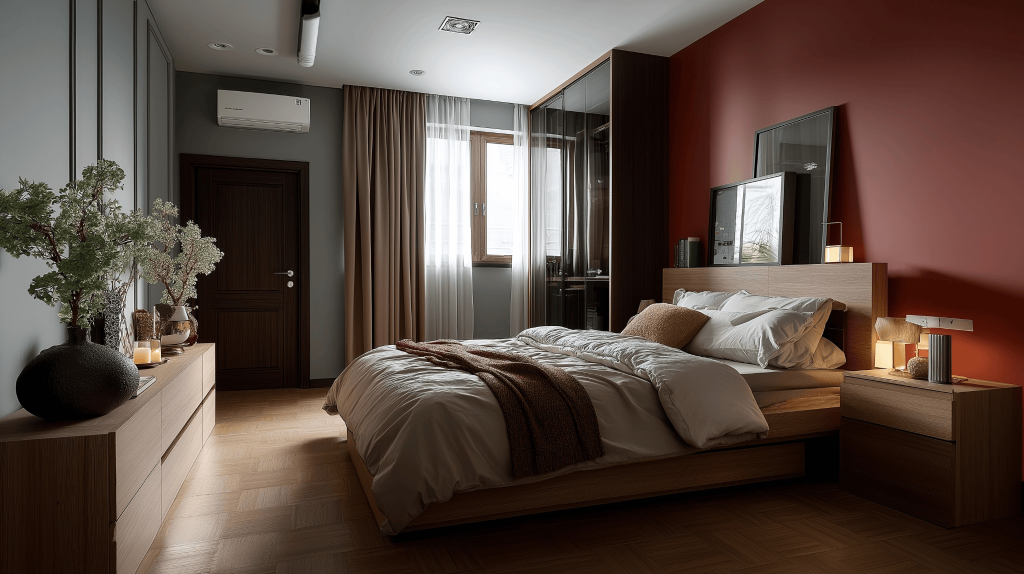 Modern paint colour combination for bedroom wall with rich red and neutral contrast