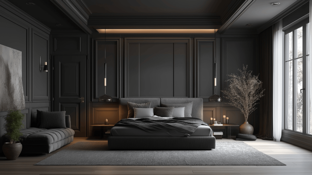 Modern best colour combination for master bedroom with dark grey tones and luxury décor