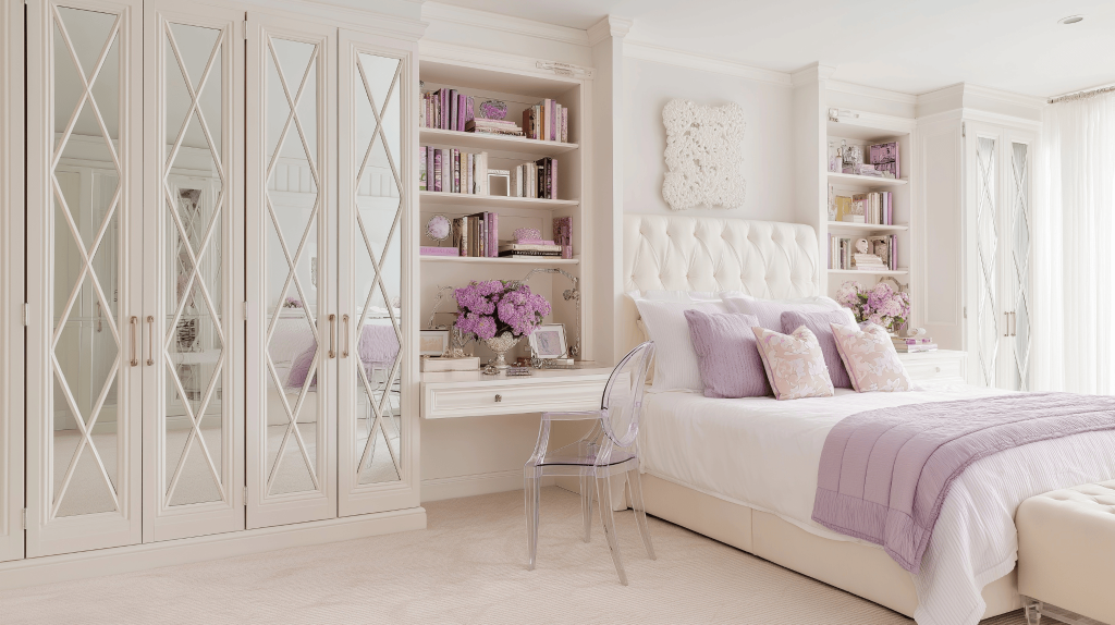 Elegant two colour combination for bedroom walls with soft lavender and white tones