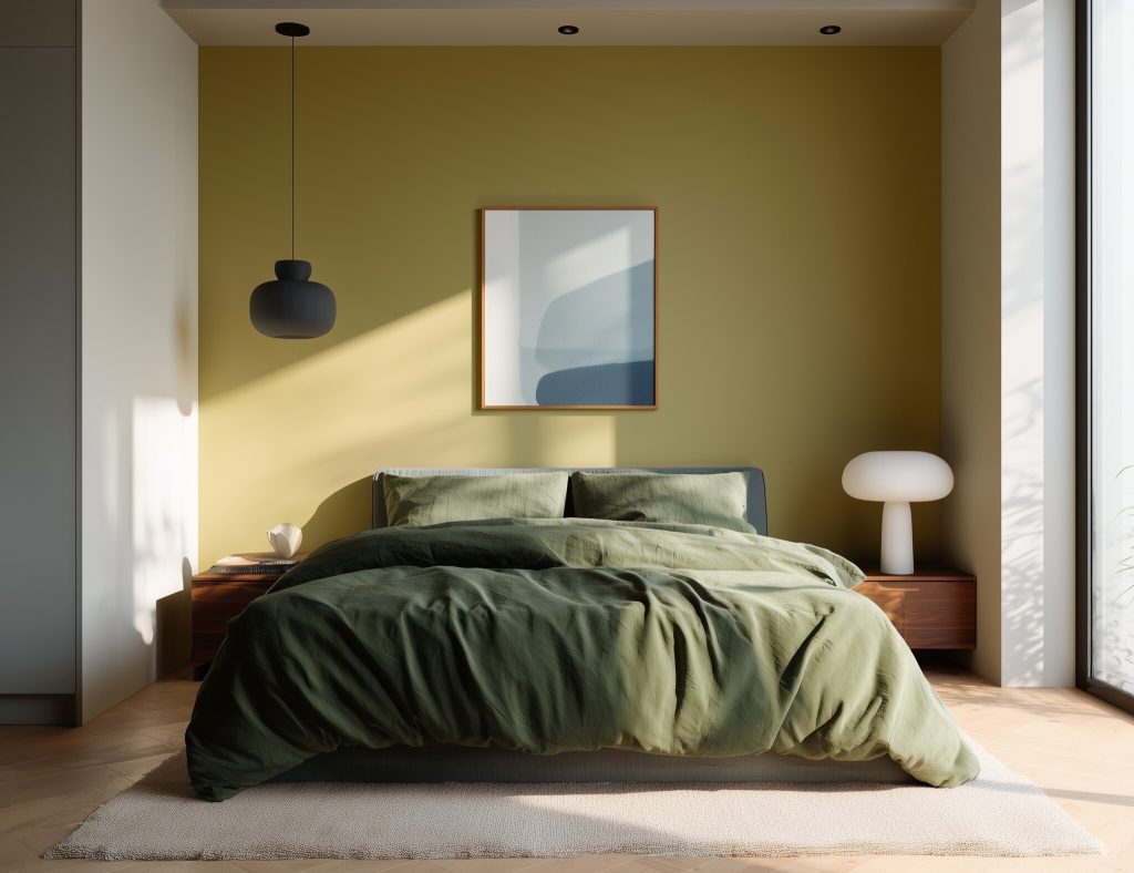 Modern best color combination for bedroom walls with olive green and mustard tones