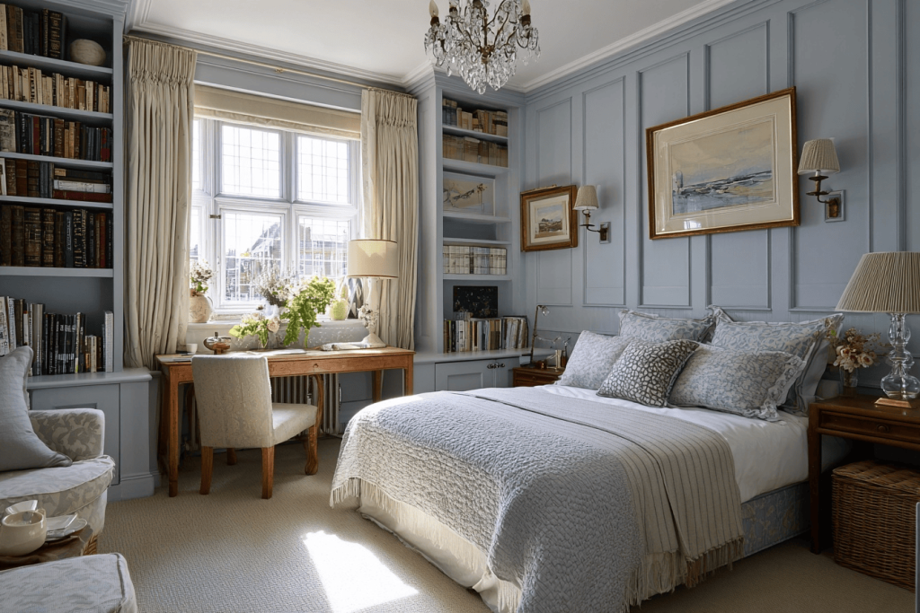 Classic bedroom wall colour combination with soft blue panels and elegant wooden decor
