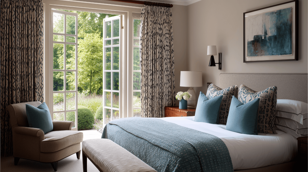 Stylish bedroom wall colour combination ideas with beige walls and teal accents