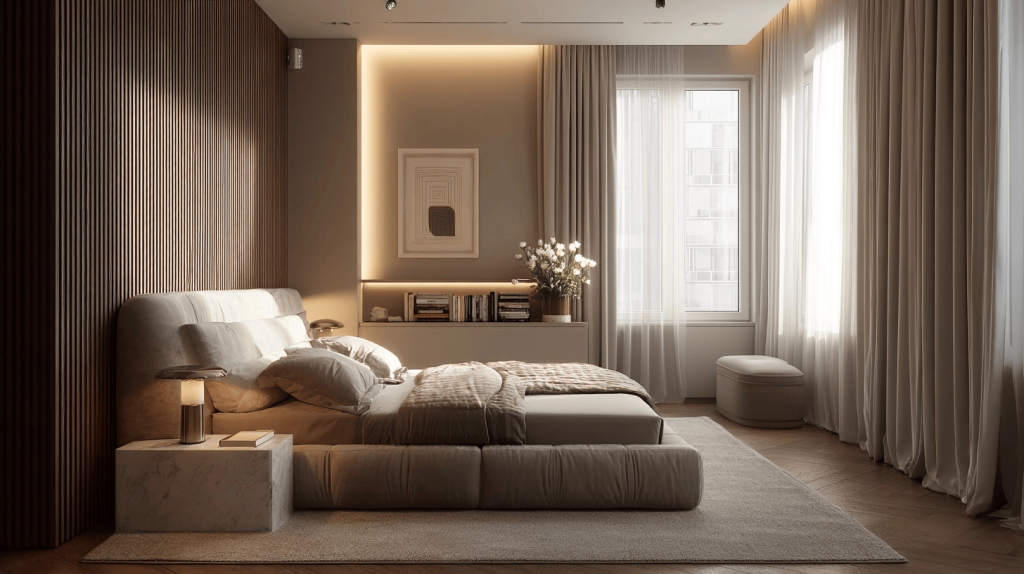 Modern master bedroom wall colour combination with warm beige and wooden textures