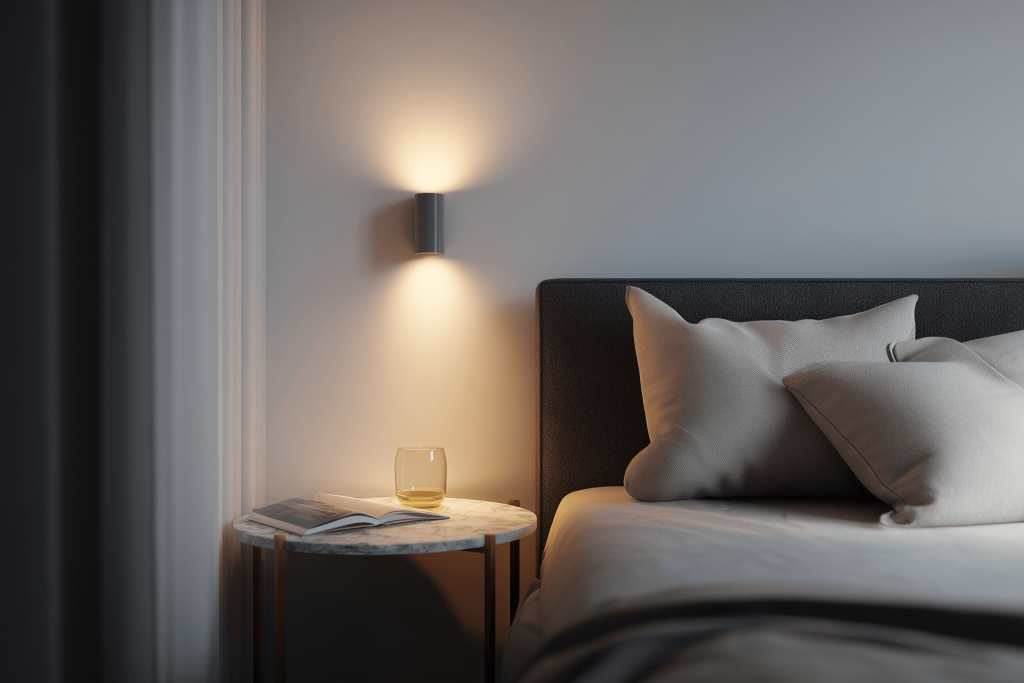 Elegant modern small bedroom decorating ideas with wall light and cozy bedside setup