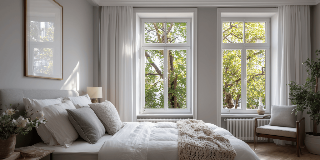 Elegant minimalist small bedroom decorating ideas with large windows and soft tones