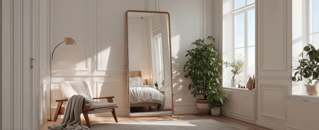 Elegant small bedroom wall decorating ideas with large mirror and natural lighting