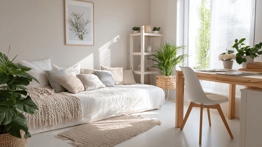 Bright simple small bedroom decorating ideas with cozy textures and natural light