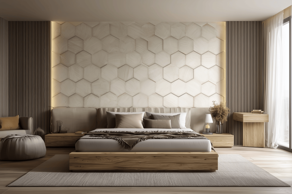 Elegant luxury bedroom tile colour combinations with beige tones and wooden accents