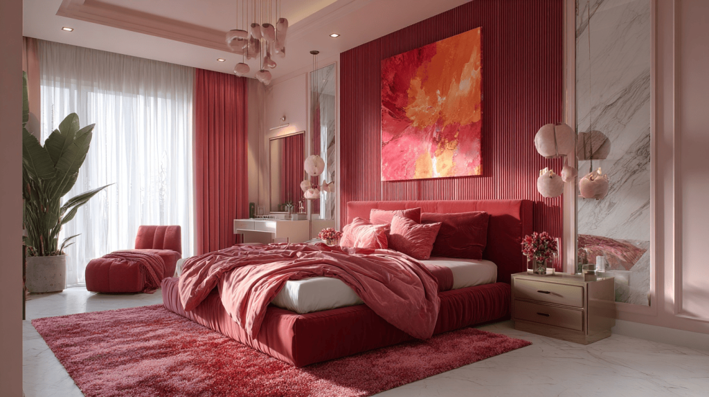 Vibrant trending bedroom tile colours with red and pink tones for a bold elegant design