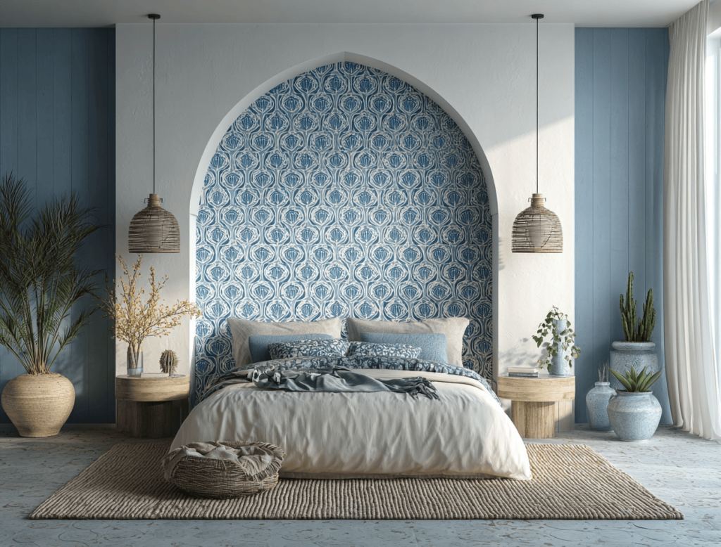 Charming two-tone bedroom tile combinations with blue patterned walls and cozy decor