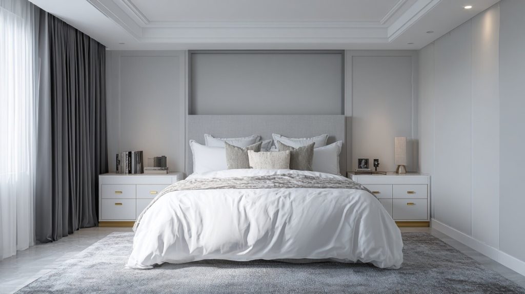 Elegant luxury bedroom tile colour combinations with grey and white tones for a calm look