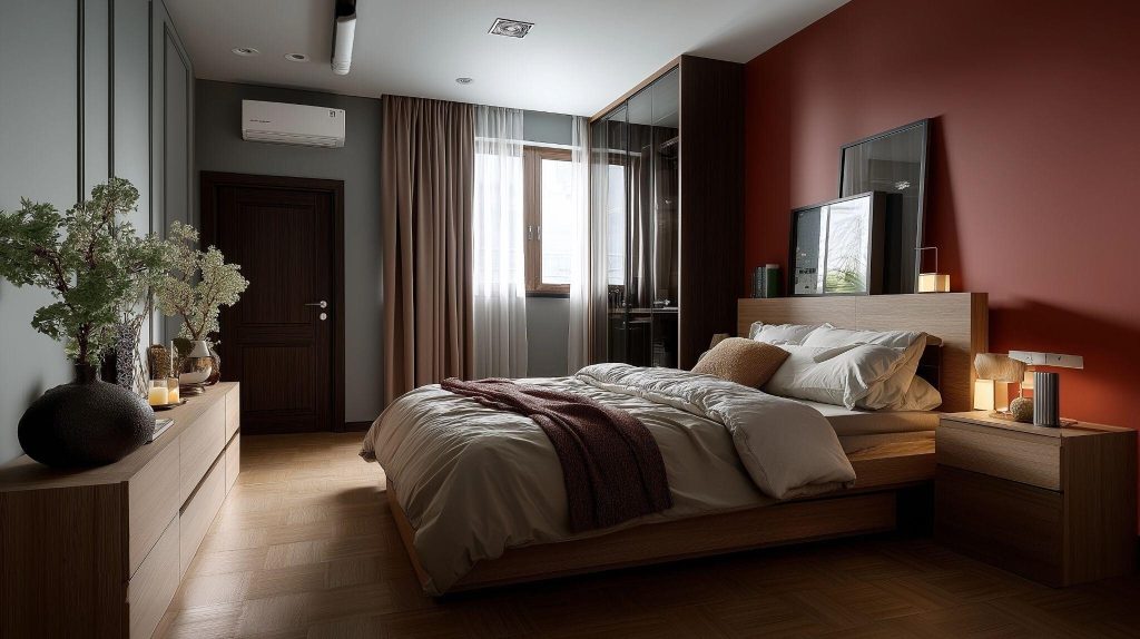 Stylish modern bedroom tile colour combination with deep red wall and wooden textures