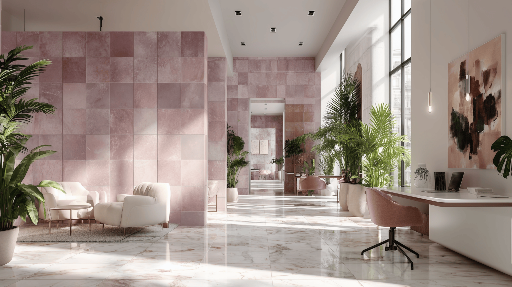 Modern bedroom tile colour combination with pink marble and elegant interiors