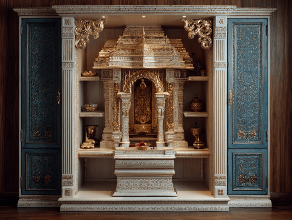 Luxurious marble mandir design for home with gold detailing and elegant craftsmanship